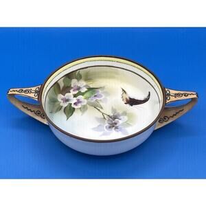 Nippon Hand Painted Butterfly Flower Gold‎ Trim Handled Bowl Open Dish Morimura